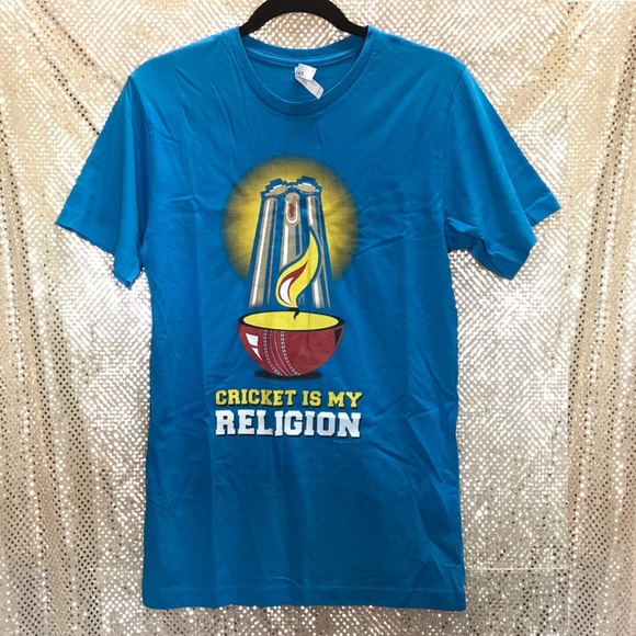 NWOT Graphic Tee T-Shirt Mens Cricket Religion Sports Turquoise Cotton Gildan - Picture 2 of 2